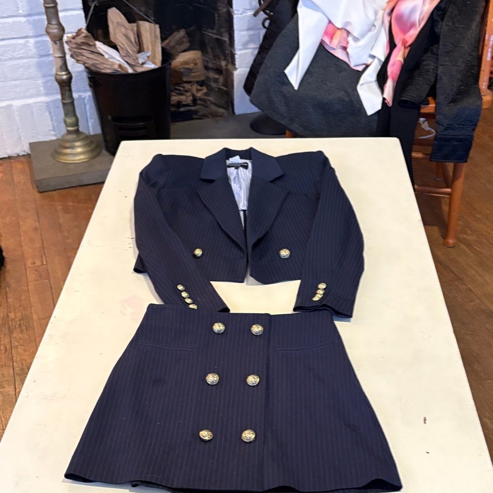 Cropped Navy Pinstripe Double-Breasted Blazer & Skirt Set